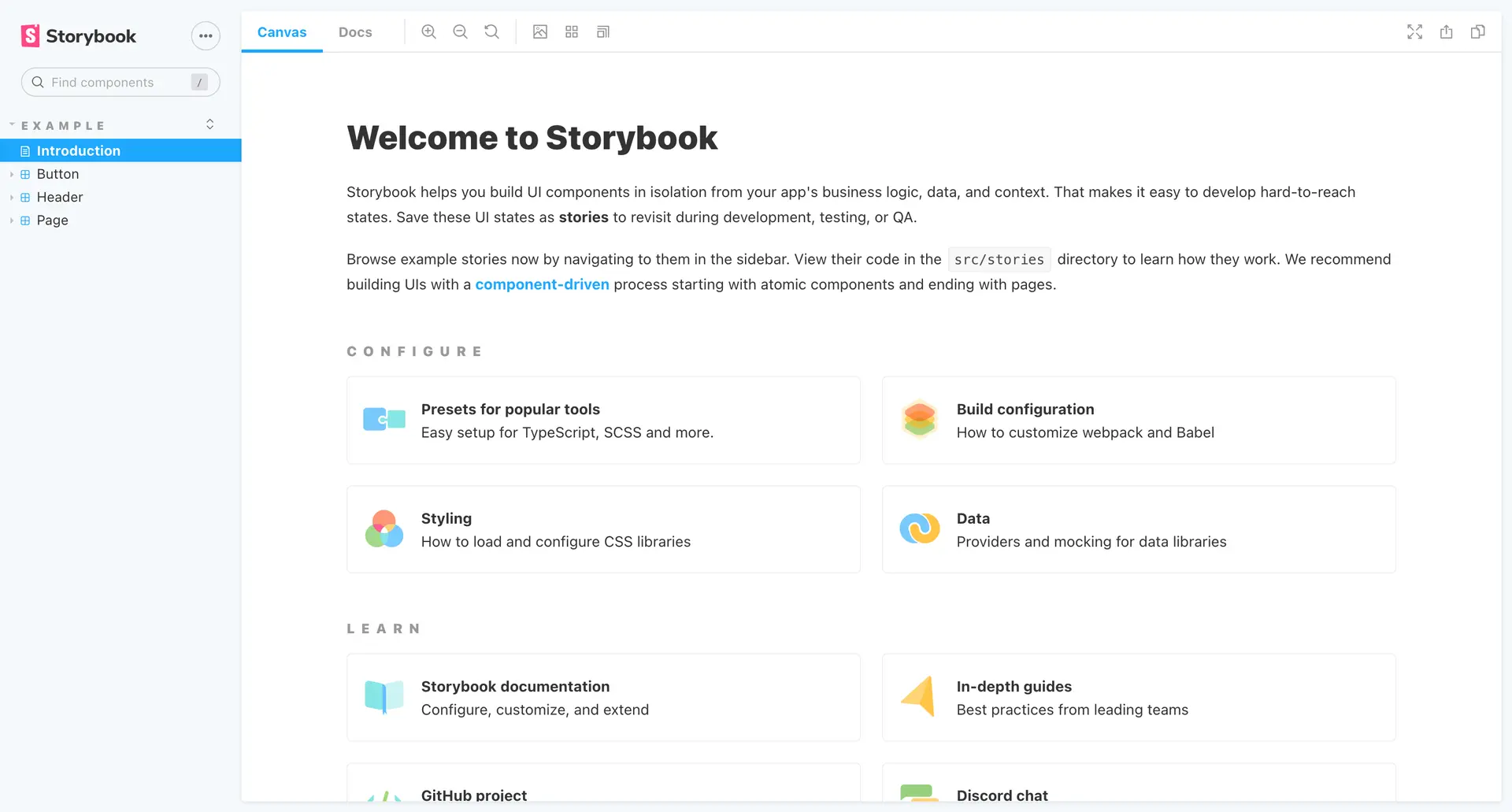 The Storybook starter page